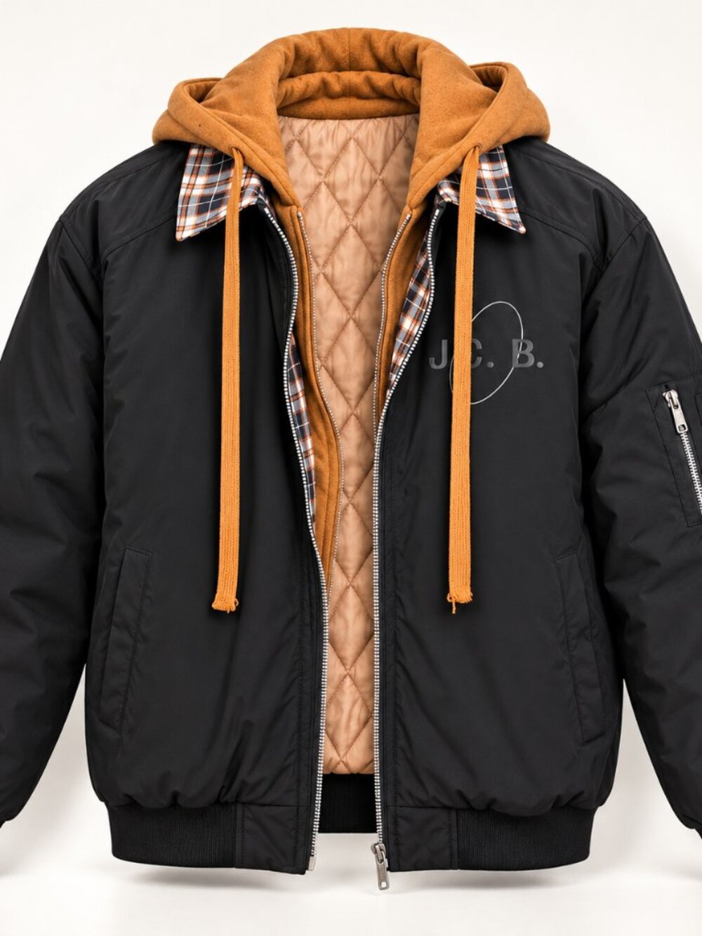 J.C.B. Men’s Black Bomber Jacket Brown Hood Quilted Lined Plaid Detail